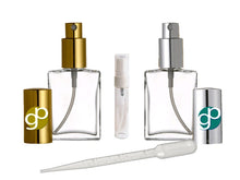 Load image into Gallery viewer, 2 Oz 60ml Square Flat Glass Atomizer Spray Bottles Mist ,Gold or Silver Spray Cap FREE Travel Atomizer &amp; Pipette, Refillable perfume bottles