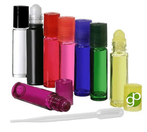 50 10ML glass roll on color bottles, rollon roller tops, bottle caps, assorted colors, empty for essential oils, lipstick, perfume bottles