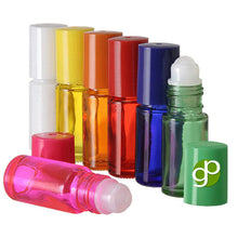 Load image into Gallery viewer, 50 5ml mini glass roll on bottles, roller tops, bottle caps in assorted colors, new, empty for essential oils, lipgloss, perfume bottles