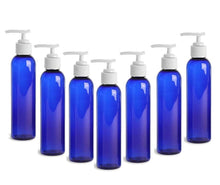 Load image into Gallery viewer, 6 Cobalt Blue Lotion Pump Dispenser BOTTLES 4 Oz, BPA Free PET White Pump Cap Lotion, Shampoo, Body Cream, Soap Aromatherapy, Essential Oil