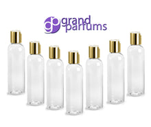 Load image into Gallery viewer, 6 4 Oz BPA Free PET Lotion Plastic BOTTLES, Gold Disc Cap 120mL, Shampoo, Conditioner, Aromatherapy,  Squeeze No Leak Bottles