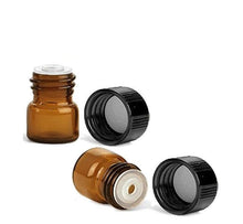 Load image into Gallery viewer, 12 Amber Vials 5/8 Dram Amber Glass Vials with Orifice Reducers and Black Caps, Mini Containers, Perfect for Essential Oil Sample Bottles