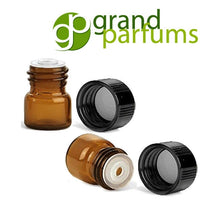 Load image into Gallery viewer, 10 - 72 Amber 1/4 Dram Glass Sample Vials w/ Orifice Reducer, Black Caps, 1 ml for Essential Oil Storage, Miniature, Mini Bottles &amp;nd FUNNEL