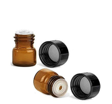 Load image into Gallery viewer, 144 1/4 Dram Amber Glass Vials 1mL w/ Orifice Reducers, Funnel, Lid Stickers/LABELs &amp; Black Caps Micro-Mini Bottles Essential Oil Sample