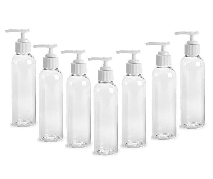 6 Clear Lotion Pump Dispenser BOTTLES 4 Oz, BPA Free PET White Pump Cap Lotion, Shampoo, Body Cream, Soap Aromatherapy, Essential Oil