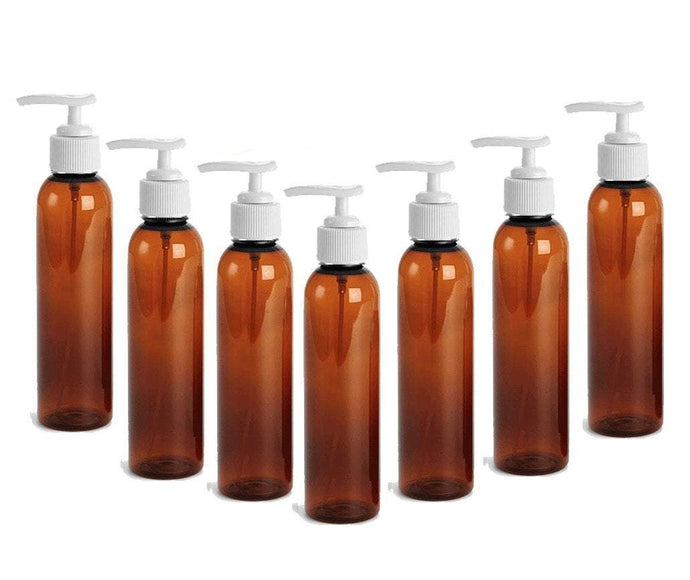 6 Amber Lotion Pump Dispenser BOTTLES 4 Oz, BPA Free PET White Pump Cap Lotion, Shampoo, Body Cream, Soap Aromatherapy, Essential Oil