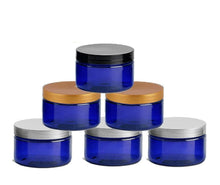 Load image into Gallery viewer, 10 Cobalt Blue Low Profile PET Plastic Empty Cosmetic Jars 4 Oz 120 mL w/ Silver Black Copper Caps Sugar Scrub, Bath Salts, plus Spatula