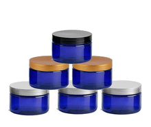 Load image into Gallery viewer, 3 Cobalt Blue Low Profile PET Plastic Empty Cosmetic Jars 4 Oz 120 mL Choose Cap Sugar Scrub, Bath Salts, Body Butter,  Hair Conditioner