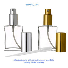 Load image into Gallery viewer, 3.4 Oz 100ml Square Flat Glass Perfume Atomizer Spray Bottles Essential Oil Mist Gold or Silver Cap FREE Pipette &amp; Funnel Refillable bottles