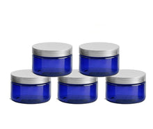 Load image into Gallery viewer, 10 Cobalt Blue Low Profile PET Plastic Empty Cosmetic Jars 4 Oz 120 mL w/ Silver Black Copper Caps Sugar Scrub, Bath Salts, plus Spatula