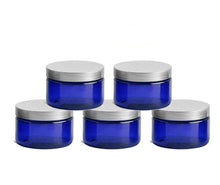 Load image into Gallery viewer, Cobalt Blue Low Profile PET Plastic Empty Cosmetic Jars &amp; Spoons 4 Oz 120mL w/ Silver Black Copper Caps Sugar Scrub, Bath Salts, Conditioner