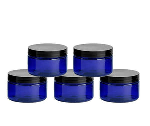 12 Cobalt Blue Low Profile PET Plastic Empty Cosmetic Jars 4 Oz 120 mL w/ Silver Black Copper Caps Sugar Scrub, Bath Salts, Hair Conditioner
