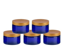 Load image into Gallery viewer, Cobalt Blue Low Profile PET Plastic Empty Cosmetic Jars &amp; Spoons 4 Oz 120mL w/ Silver Black Copper Caps Sugar Scrub, Bath Salts, Conditioner