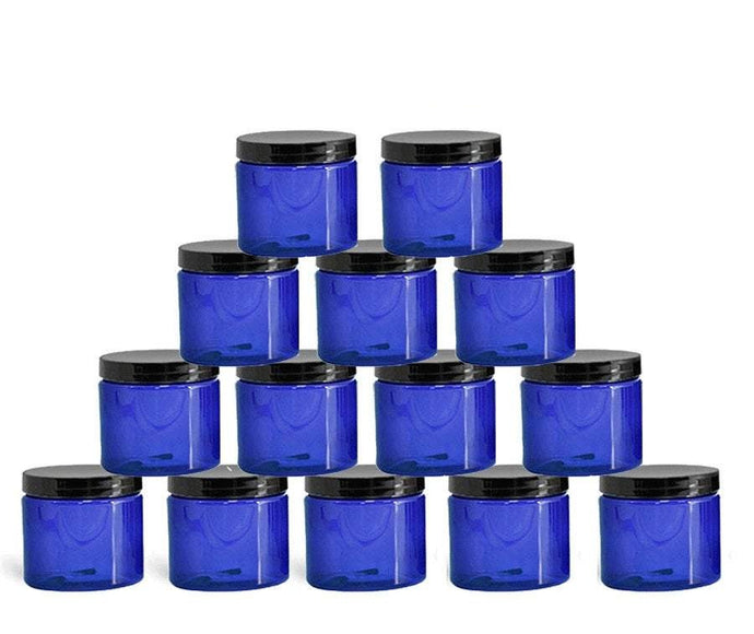 100 Cobalt Blue PET Plastic Empty Cosmetic Jars 1 Oz 30mL w/ Black Caps Lip Gloss, Balms, Salves, Sugar Scrub, Bath Salts, Hair Conditioner