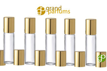 Load image into Gallery viewer, 500 Elegant 10ml Roller Ball Bottles GOLD or SILVER Caps Glass Roll-on Perfume Aromatherapy, Essential Oil Bottles w/ Metallic Caps Bulk Lot