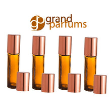 Load image into Gallery viewer, 6 10ml Amber Glass Roll-on Bottles w/ GOLD, COPPER or SILVER Caps Roller Balls Perfume, Essential Oil, Lip Balm, Party Favor, Purse Travel