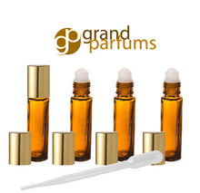 Load image into Gallery viewer, 6 10ml Amber Glass Roll-on Bottles w/ GOLD, COPPER or SILVER Caps Roller Balls Perfume, Essential Oil, Lip Balm, Party Favor, Purse Travel