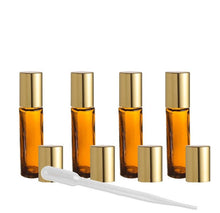 Load image into Gallery viewer, 20 10ml Amber Glass Roll-on Bottles Stainless Steel Rollerballs GOLD COPPER or SILVER Caps  Perfume Essential Oil, Party Favor, Purse Travel