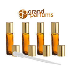 Load image into Gallery viewer, 6 10ml Amber Glass Roll-on Bottles w/ GOLD, COPPER or SILVER Caps Roller Balls Perfume, Essential Oil, Lip Balm, Party Favor, Purse Travel