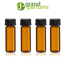 Load image into Gallery viewer, Amber Essential Oil Vials Bottles 1 DRAM 4 ml w/ Black Caps, FREE Lid Stickers Essential Oil Sample, Carrier Oil Sampler Cosmetic Bottles