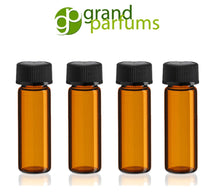 Load image into Gallery viewer, 6 Amber Glass Vials 1 DRAM 3.7ml Bottles w/ Black Caps and ORIFICE REDUCERS Essential Oil, Perfume Carrier Oil, Sampler, Cosmetic Vials