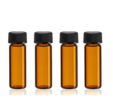 Load image into Gallery viewer, 12 Amber Glass Vials 1 DRAM 3.7ml Bottles w/ Black Caps and ORIFICE REDUCERS Essential Oil, Perfume Carrier Oil, Sampler, Cosmetic Vials