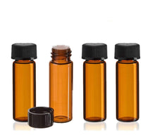 Load image into Gallery viewer, 12 Amber Glass Vials 1 DRAM 3.7ml Bottles w/ Black Caps and ORIFICE REDUCERS Essential Oil, Perfume Carrier Oil, Sampler, Cosmetic Vials