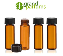 Load image into Gallery viewer, 6 Amber Glass Vials 1 DRAM 3.7ml Bottles w/ Black Caps and ORIFICE REDUCERS Essential Oil, Perfume Carrier Oil, Sampler, Cosmetic Vials