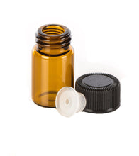 Load image into Gallery viewer, 12 Amber Vials 5/8 Dram Amber Glass Vials with Orifice Reducers and Black Caps, Mini Containers, Perfect for Essential Oil Sample Bottles