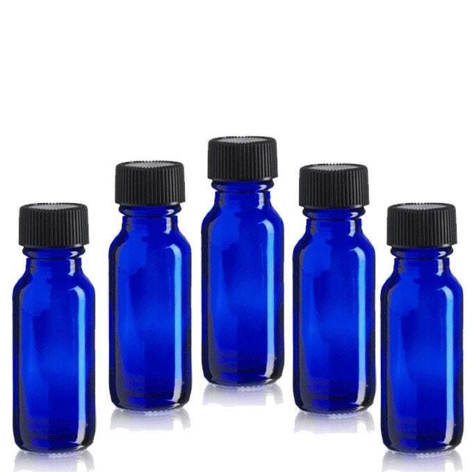 12 (1/2 oz) Cobalt Blue Boston Round Essential Oil Empty Glass Bottles 15 ml (15g) with Leak-Proof Black Phenolic Caps Aromatherapy Bottles