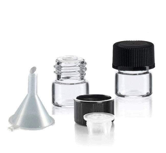 24 Clear Glass Sample Vials 1/4 DRAM 1 ml with Ribbed Black Caps for Essential Oil Storage, Miniature Bottles, Cosmetic Samples with FUNNEL
