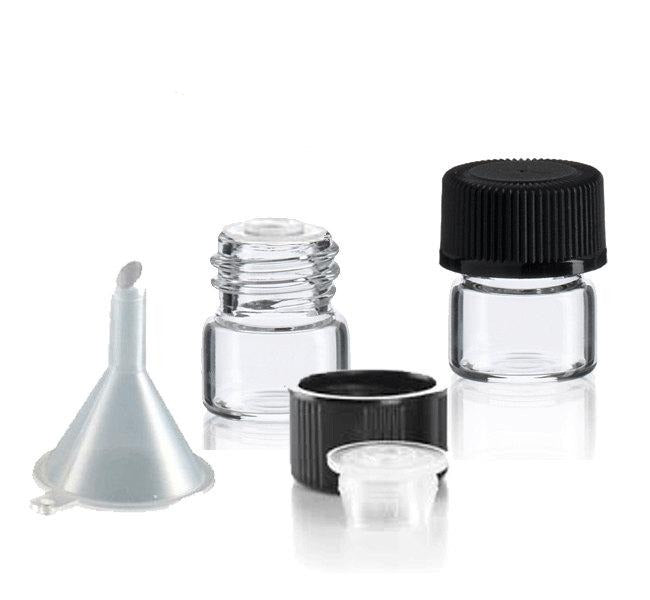 12 Clear Glass Sample Vials 1/4 DRAM , 1 ml with Ribbed Black Cap for Essential Oil Storage, Miniature Bottles, Cosmetic Samples with FUNNEL