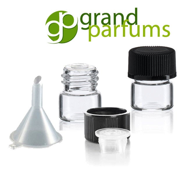 72 Clear Glass Sample Vials 1/4 DRAM , 1 ml with RibbedBlack Caps for Essential Oil Storage, Miniature Bottles, Cosmetic Samples with FUNNEL