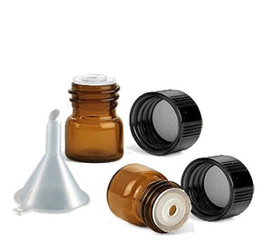 10 - 72 Amber 1/4 Dram Glass Sample Vials w/ Orifice Reducer, Black Caps, 1 ml for Essential Oil Storage, Miniature, Mini Bottles &nd FUNNEL