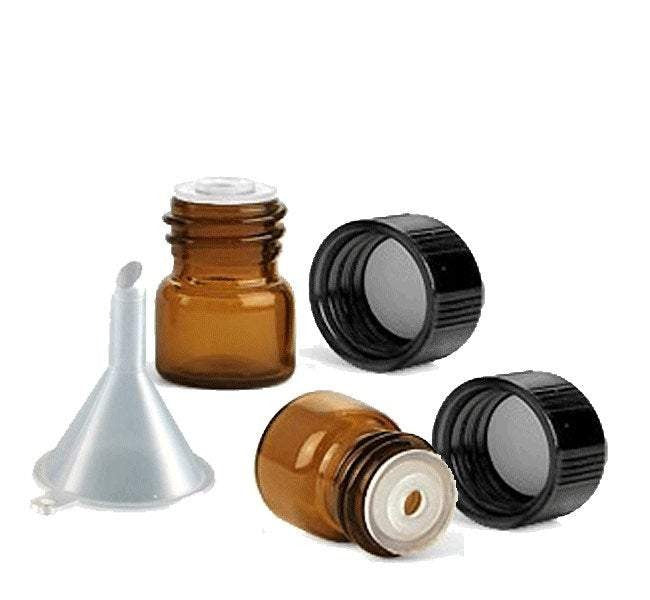 144 1/4 Dram Amber Glass Vials 1mL w/ Orifice Reducers, Funnel, Lid Stickers/LABELs & Black Caps Micro-Mini Bottles Essential Oil Sample