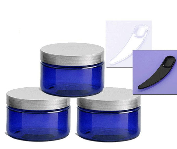 Cobalt Blue Low Profile PET Plastic Empty Cosmetic Jars & Spoons 4 Oz 120mL w/ Silver Black Copper Caps Sugar Scrub, Bath Salts, Conditioner