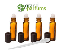 Load image into Gallery viewer, 3 Amber Glass 10ml Roll On Bottles for Aromatherapy, Essential Oils, Perfumes and Lip Gloss Vials Black Caps .33 Oz Each-