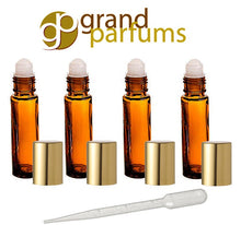 Load image into Gallery viewer, Amber Glass 10ml Roll On Bottles for Travel, Purse, Pocket, Aromatherapy, Essential Oils, Perfumes and Lip Gloss Gold Caps- Choose Quantity