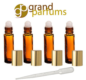 Amber Glass 10ml Roll On Bottles for Travel, Purse, Pocket, Aromatherapy, Essential Oils, Perfumes and Lip Gloss Gold Caps- Choose Quantity