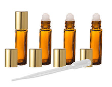 Load image into Gallery viewer, Amber Glass 10ml Roll On Bottles for Travel, Purse, Pocket, Aromatherapy, Essential Oils, Perfumes and Lip Gloss Gold Caps- Choose Quantity