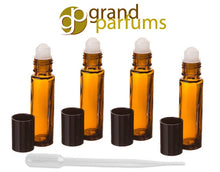 Load image into Gallery viewer, 3 Amber Glass 10ml Roll On Bottles for Aromatherapy, Essential Oils, Perfumes and Lip Gloss Vials Black Caps .33 Oz Each-