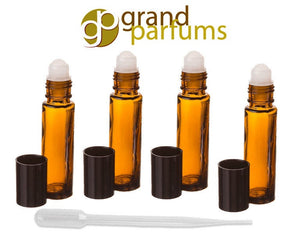 3 Amber Glass 10ml Roll On Bottles for Aromatherapy, Essential Oils, Perfumes and Lip Gloss Vials Black Caps .33 Oz Each-