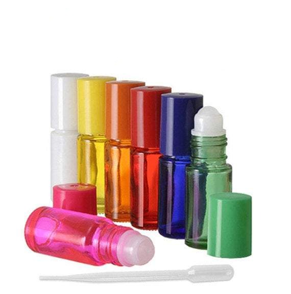 144 Mini Glass Roll On Colored Bottles, roller top cap, 4ml, red, pink, blue, orange, yellow, green colors  essential oil, perfume bottles