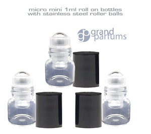 50 Mini 1 ml Clear Glass Rolller Bottles, Micro w/ Stainless Steel Roller Balls for Perfume, Essential Oil, Serum, Samples Roll-on 1/4 DRAM