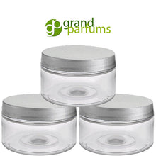 Load image into Gallery viewer, 3 Clear Low Profile Jars, PET Plastic Empty Cosmetic Containers &amp; Spoons 4 Oz Jar 120mL Silver, Black, Copper, White, Caps Sugar Scrub, Salt