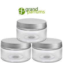 Load image into Gallery viewer, 50 Clear Low Profile Jars, PET Plastic Empty Cosmetic Containers &amp; Spoons 4 Oz 120mL Silver, Black, Copper, White, Caps Sugar Scrub, Salts