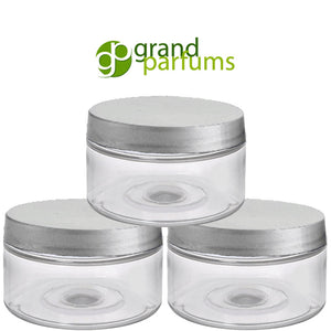 50 Clear Low Profile Jars, PET Plastic Empty Cosmetic Containers & Spoons 4 Oz 120mL Silver, Black, Copper, White, Caps Sugar Scrub, Salts