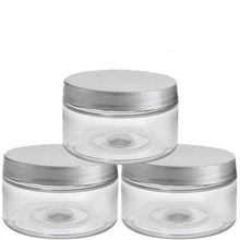 Load image into Gallery viewer, Clear Low Profile PET Plastic Empty Cosmetic Jars &amp; Spoons 4 Oz 120mL w/ Silver, Black, Copper, White, Caps Sugar Scrub, Salts, Conditioner