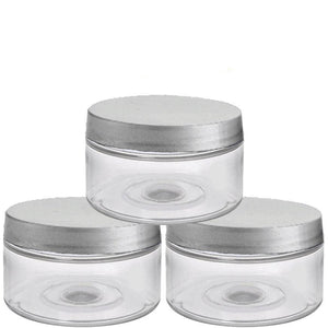 Clear Low Profile PET Plastic Empty Cosmetic Jars & Spoons 4 Oz 120mL w/ Silver, Black, Copper, White, Caps Sugar Scrub, Salts, Conditioner