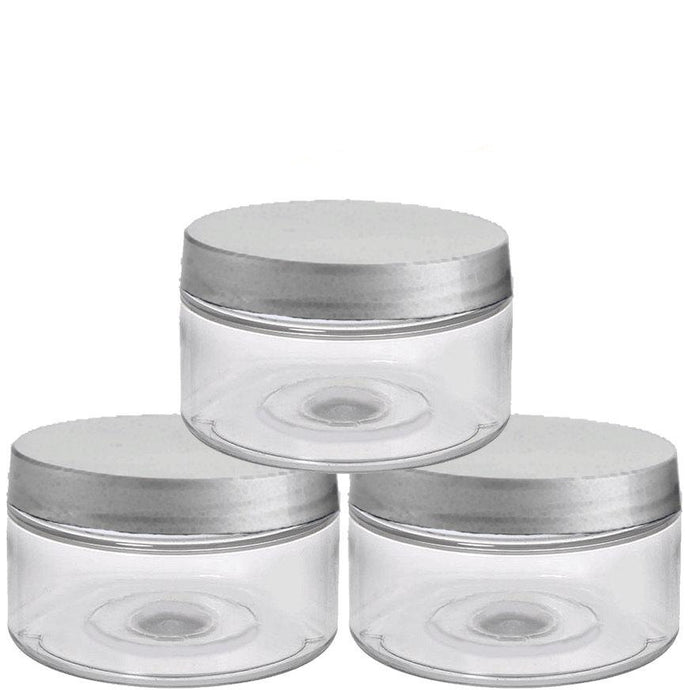 6 Clear Low Profile PET Plastic Empty Cosmetic Jars & Spoons 4 Oz 120mL Silver, Black, Copper, White, Caps Sugar Scrub, Salts, Conditioner